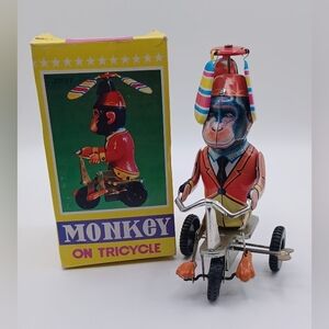Juyou Monkey on Tricycle Wind-Up Tin Litho Toy Retro For Collectors